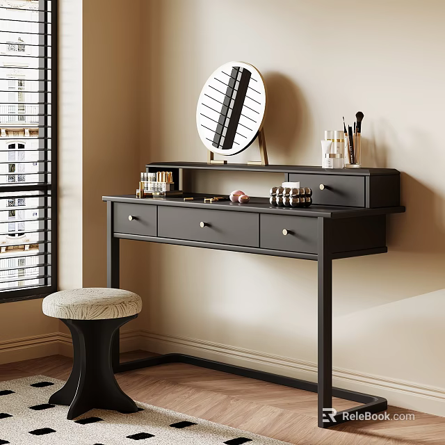 Black Dressing Table with Round Mirror Makeup Items and Faux Fur Stool 3d model