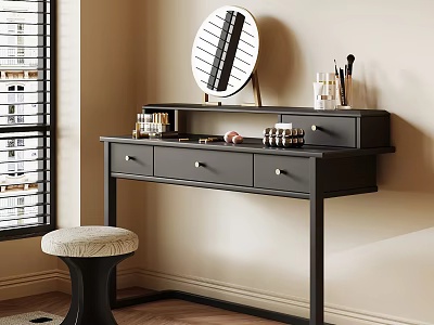 Black Dressing Table with Round Mirror Makeup Items and Faux Fur Stool 3d model