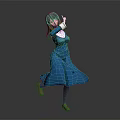Elegant Human Female Character Dancing In Blue Dress With Brown Hair And Gray Background