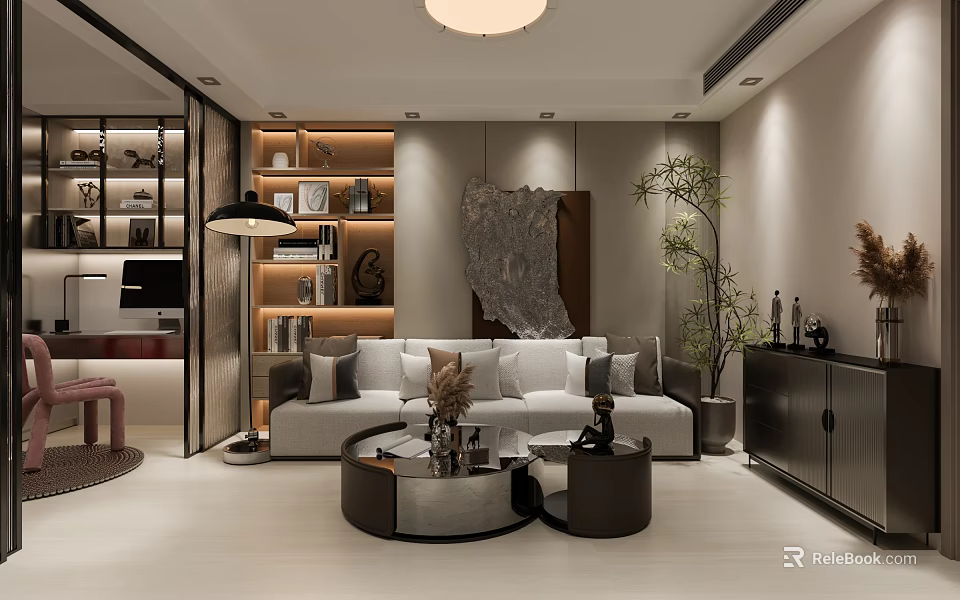 Modern Living Room Interior With Sofa Coffee Table Artwork Bookshelf And Potted Plant 3d model 
