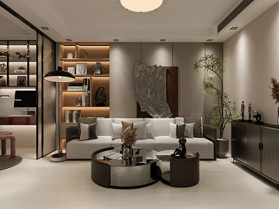 Modern Living Room Interior With Sofa Coffee Table Artwork Bookshelf And Potted Plant 3d model