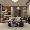 Modern Living Room Interior With Sofa Coffee Table Artwork Bookshelf And Potted Plant