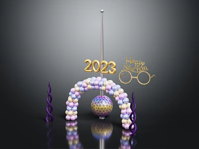 2023 Happy New Year Decor With Balloon Arch Purple Spiral Sphere Ornament Gold Glasses 3d model