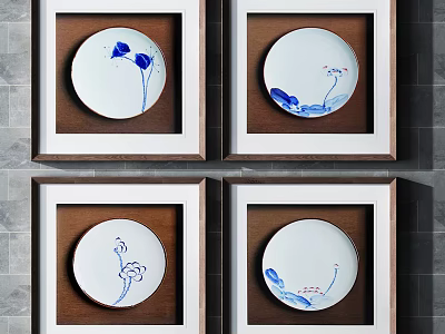 Decorative Framed Plates With Blue White Floral Patterns On Gray Wall 3d model
