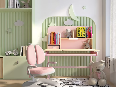 Kids Desk with Green Striped Wall Moon Star Decor Pink Shelf Colorful Books Rabbit Plush 3d model