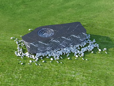 Household Decorative Black Stone With Round Groove And White Pebbles On Green Grass 3d model
