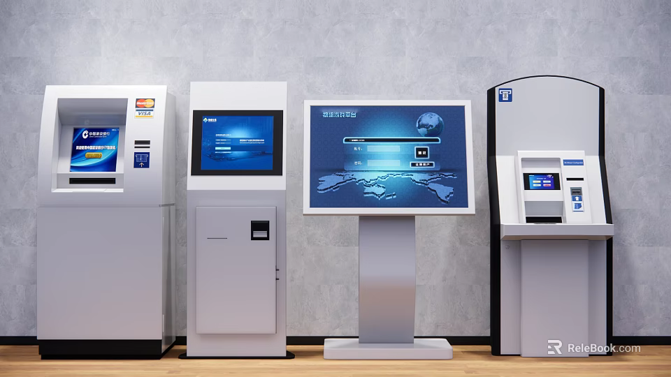 Modern Public Facility Featuring ATM Machines And Interactive Information Kiosks 3d model 