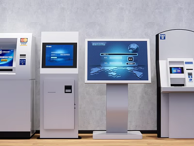 Modern Public Facility Featuring ATM Machines And Interactive Information Kiosks 3d model