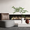 Stylish Brown Leather Accent Chair With Checkered Ottoman Near Fireplace Flames And Green Plant
