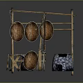 Traditional Weapons Displayed on Bamboo Frame With Shields and Spears 3d model