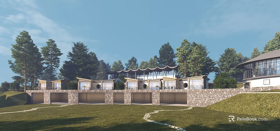 Modern Homestay Building With Glass Windows And Stone Wall Surrounded By Trees On Lawn 3d model 