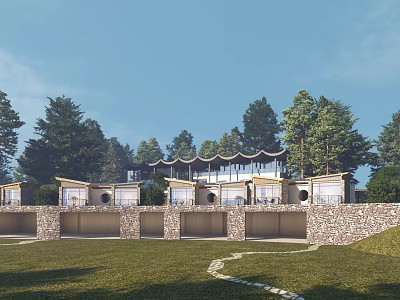 Modern Homestay Building With Glass Windows And Stone Wall Surrounded By Trees On Lawn 3d model