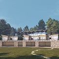 Modern Homestay Building With Glass Windows And Stone Wall Surrounded By Trees On Lawn