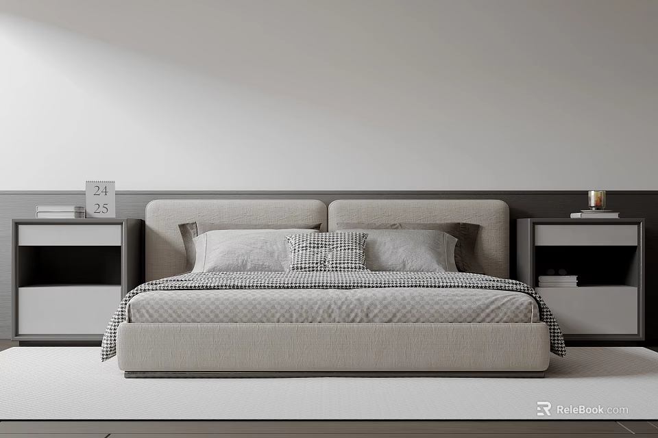 Minimalist Modern Double Bed With Gray Headboard Checkered Pillows Bedspread And Nightstands 3d model 