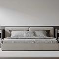 Minimalist Modern Double Bed With Gray Headboard Checkered Pillows Bedspread And Nightstands