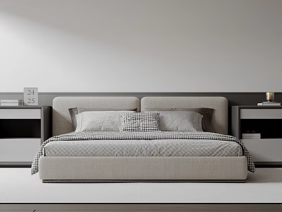 Minimalist Modern Double Bed With Gray Headboard Checkered Pillows Bedspread And Nightstands 3d model