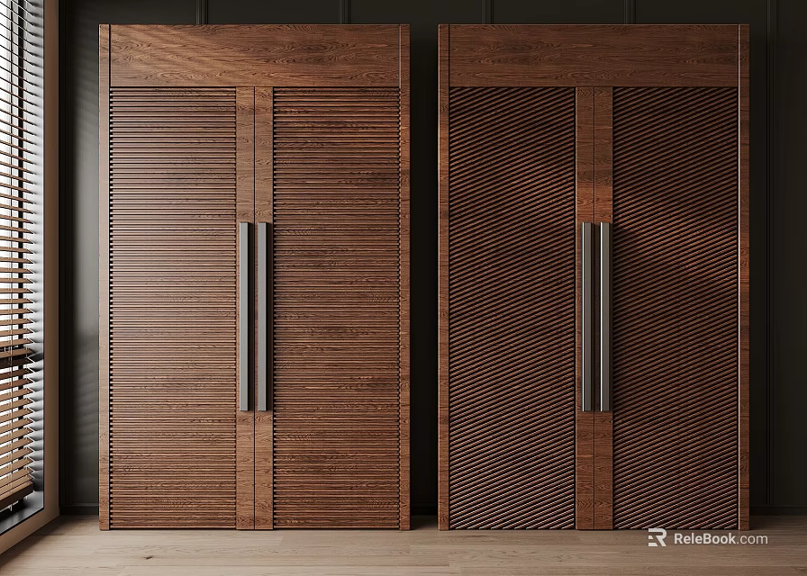 Modern Solid Walnut Wood Wardrobe Sets With Unique Textured Door Panels And Sleek Long Handles 3d model 