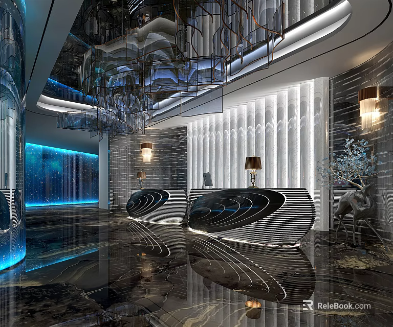 Modern Luxury Hotel Lobby Interior Design With Curved Reception Desk Artistic Chandelier And Marble Floor 3d model 