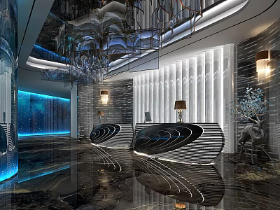 Modern Luxury Hotel Lobby Interior Design With Curved Reception Desk Artistic Chandelier And Marble Floor 3d model