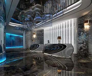 Modern Hall Hotel Club Reception Hall Lobby Front Desk Reception Desk Chandelier 3d model