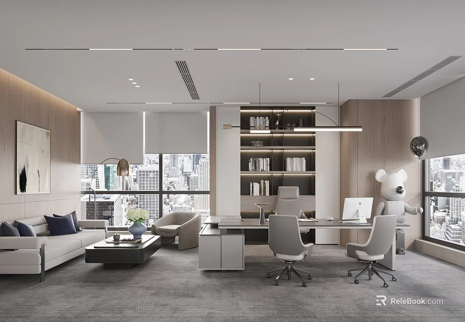 Modern Office Interior Design With Sofa Coffee Table Bookshelves Desks Chairs And City View 3d model 