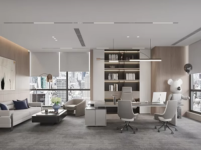 Modern Office Interior Design With Sofa Coffee Table Bookshelves Desks Chairs And City View 3d model