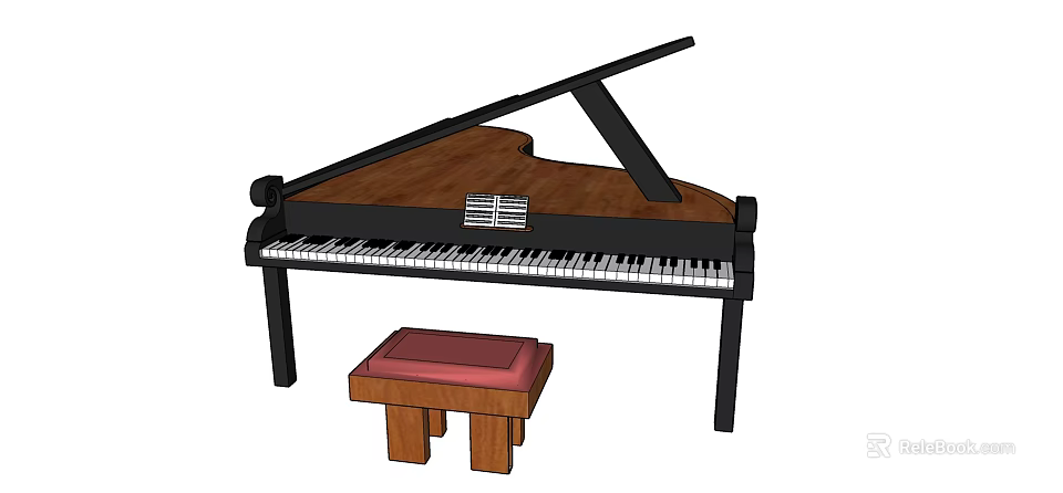 Elegant Grand Piano With Wooden Top Black Frame And Red Cushioned Stool 3d model 