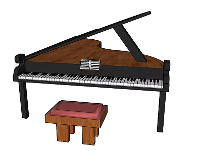 Elegant Grand Piano With Wooden Top Black Frame And Red Cushioned Stool 3d model