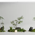 Natural Courtyard Garden Decor With Green Plants Stones Moss And Small Lights