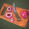 Wooden Cutting Board With Sharp Knife And Fresh Purple Onion Sliced Rings