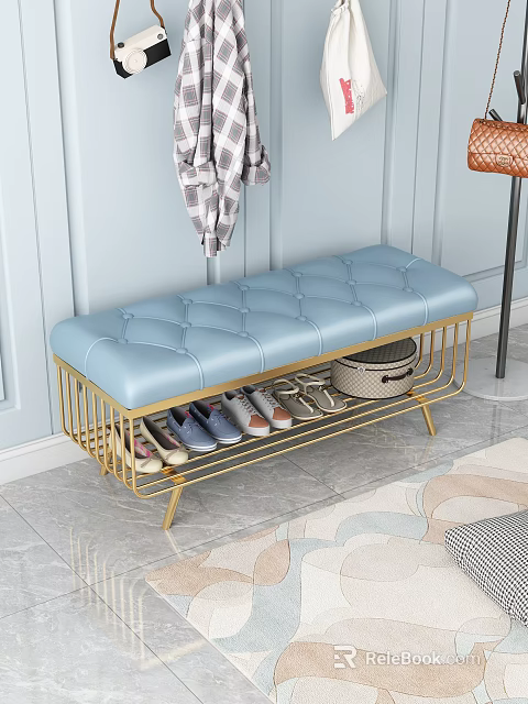 Blue Diamond Tufted Storage Bench With Gold Metal Frame And Shoe Organizer 3d model 