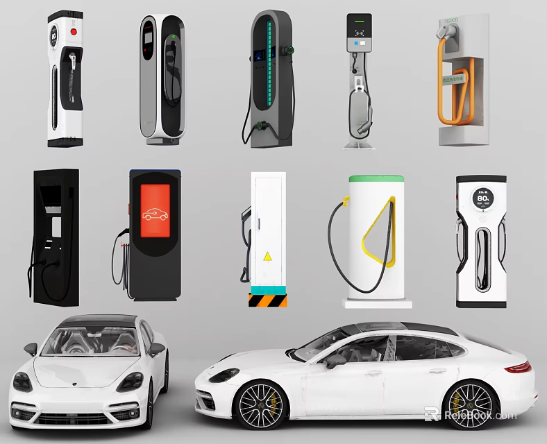 Modern Public Electric Vehicle Charging Stations With White Cars In Urban Area 3d model 