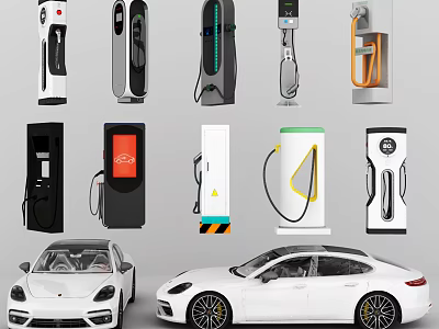 Modern Public Electric Vehicle Charging Stations With White Cars In Urban Area 3d model