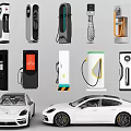 Modern Public Electric Vehicle Charging Stations With White Cars In Urban Area