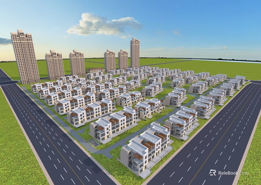 Modern High Rise and Low Rise Residential Buildings With Green Lawns Roads and Blue Sky 3d model 