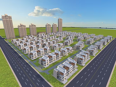 Modern High Rise and Low Rise Residential Buildings With Green Lawns Roads and Blue Sky 3d model