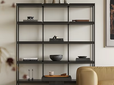 Modern Open Bookshelf Interior With Stacked Books Decorative Bowls And Small Decor Items 3d model