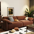 Cozy Living Room Interior With Brown Sofa Patterned Rug And Wooden Decorative Elements 3d model