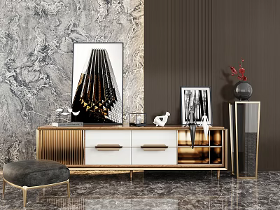 Modern TV Stand With Gold Accents White Drawers Against Marble Wall And Decorative Art 3d model