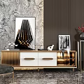 Modern TV Stand With Gold Accents White Drawers Against Marble Wall And Decorative Art