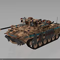 Armored Military Vehicle With Brown Blue Camouflage Paint Tracks Cannon And Top Equipment