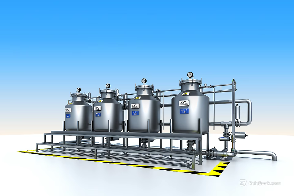 Stainless Steel Industrial Storage Tanks With Piping System And Warning Stripes 3d model 