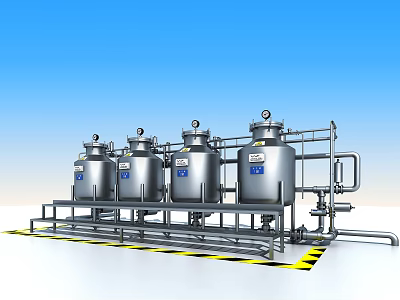 Stainless Steel Industrial Storage Tanks With Piping System And Warning Stripes 3d model