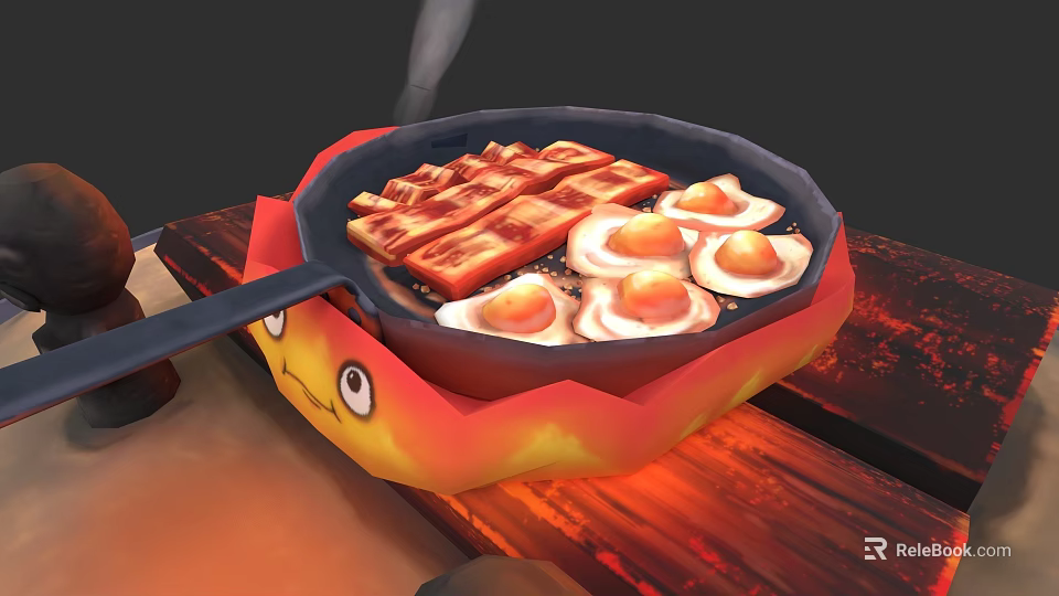 Cartoon Style Frying Pan With Bacon Fried Eggs And Flame Shaped Edges On Wooden Table 3d model 