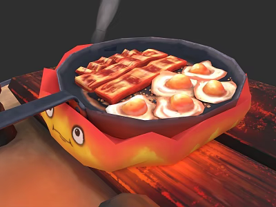 Cartoon Style Frying Pan With Bacon Fried Eggs And Flame Shaped Edges On Wooden Table 3d model
