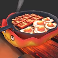 Cartoon Style Frying Pan With Bacon Fried Eggs And Flame Shaped Edges On Wooden Table