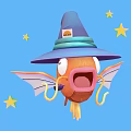 Cute Orange Goldfish Wearing Wizard Hat Holding Magic Wand Against Blue Background With Stars