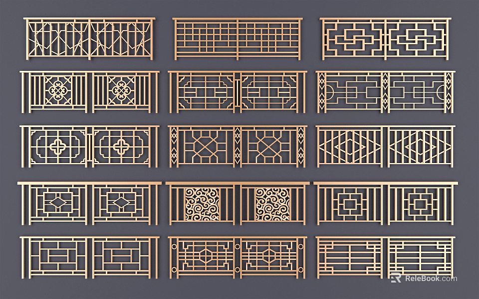 Ornate Decorative Fencing With Gold Finish Varied Laser Cut Designs And Intricate Geometric Patterns 3d model 