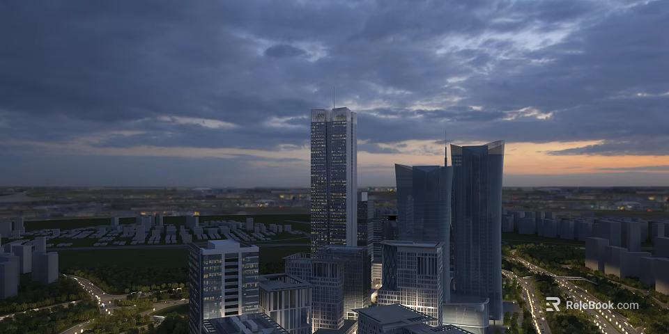 Urban Evening Landscape With Skyscrapers Curved Buildings Cloudy Sky Illuminated Lights And Green Spaces 3d model 
