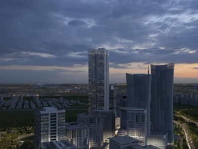Urban Evening Landscape With Skyscrapers Curved Buildings Cloudy Sky Illuminated Lights And Green Spaces 3d model